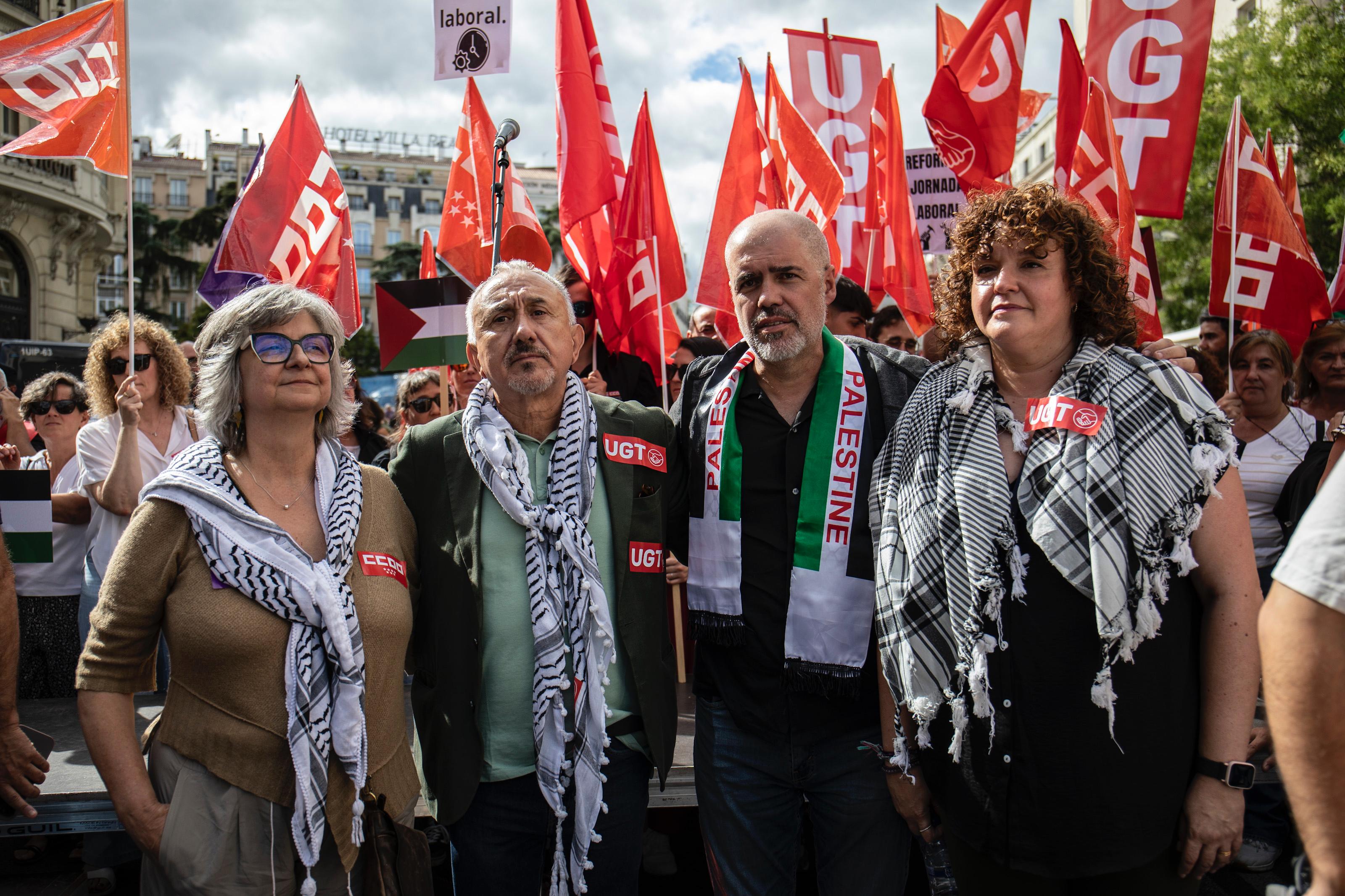 Madrid. Paloma López Bermejo, secretaria general de CCOO de Madrid; Pepe Álvarez, secretario general de UGT; Unai Sordo, secretario general de CCOO y Susana Huertas, secretaria general de UGT Madrid
